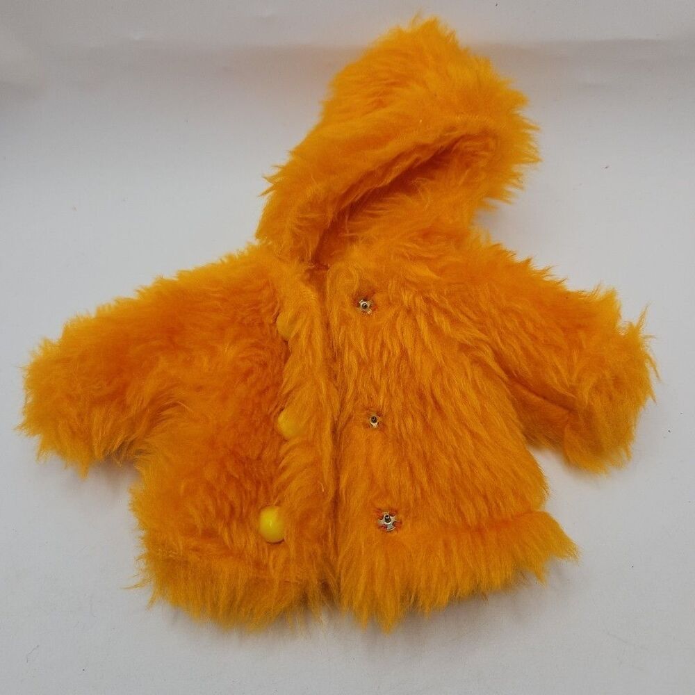 Barbie Doll Sized Unbranded Orange Faux Fur Coat Yellow Buttons With Hood